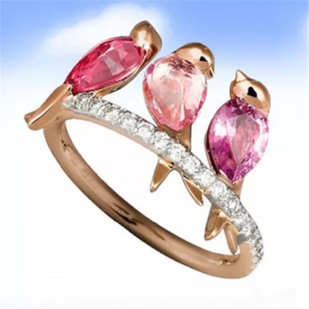 NWT Three Pink Crystal Spring Birds Perched on a Gold Tone Branch Ring Size 7 - Picture 5 of 7